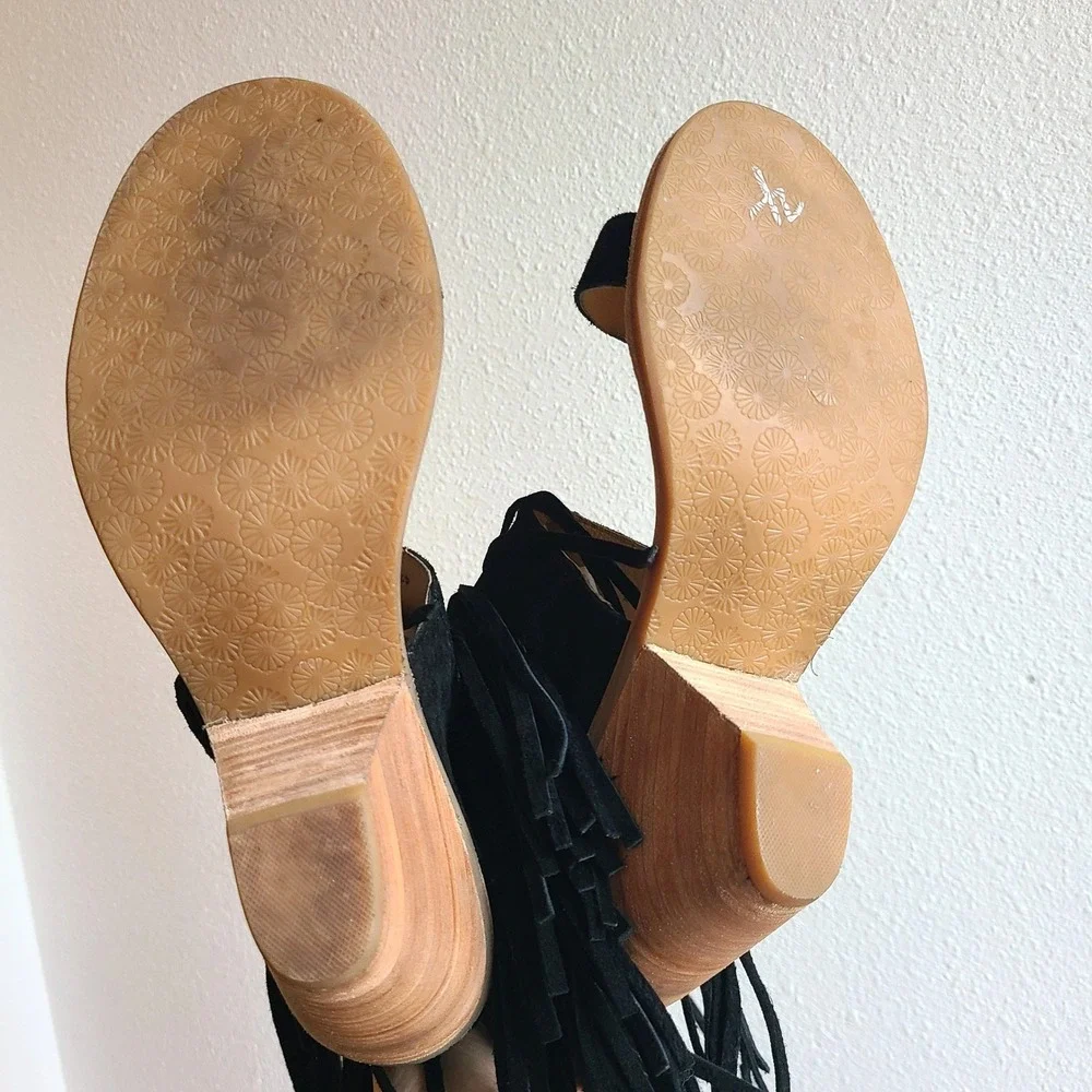 Koolaburra UGG Piaz II US‎ 11 Black Suede Fringe Heel Sandals Boho Festival